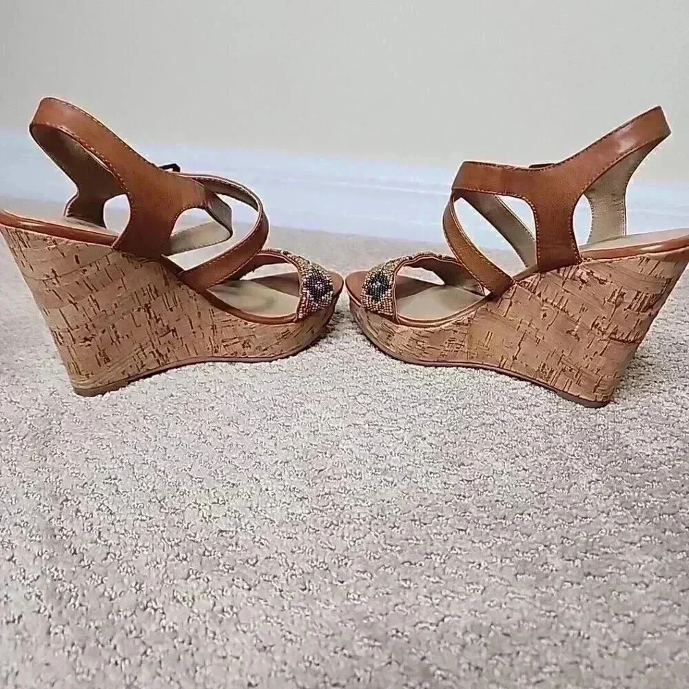 A.N.A‎ A NEW APPROACH BEADED WEDGE SANDALS Heels Brown Blue Cork 7.5 Boho resort